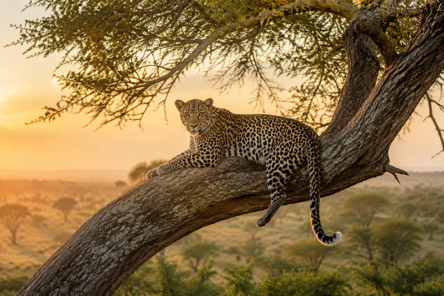 Leopardo tra le acacie all'alba
